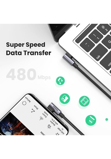 Pazly Ugreen 1m Usb C-c 90 Derece Diken Veri Kablosu 100w Pd Hızlı Şarj Dizüstü Bilgisayar/akıllı Telefon/tablet İçin