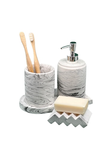 Betonmall 4 Parça Mermer Desenli Beton Banyo Seti Katı Ve Sıvı Sabunluk Diş Fırçalık Sunum Tepsisi Siyah Beyaz Siyah - Beyaz