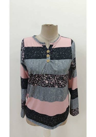 Tua Moda Kadın Uzun Kollu Yakadan Düğmeli Çizgili Desenli Süprem Bluz Pembe