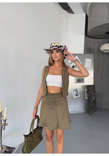 Kadın Suni Süet A Kesim Esnek Mini Etek Haki