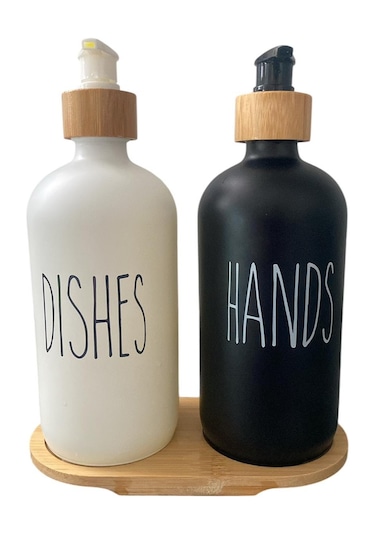 2 Li Siyah-beyaz Mutfak Sıvı Sabunluk Seti 500ml Bambu Tepsili