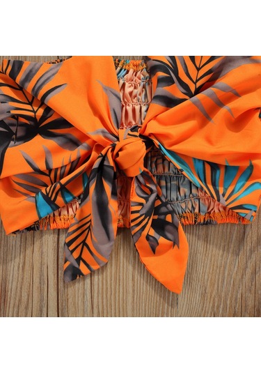 Kız Üstleri, Şortlu Takım, Ilmek Askılı Yazlık Gömlek Yaprak Baskılı Plaj Yeleği Bol Pantolon, Turuncu