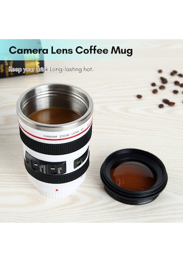 Kosona Kamera Lens Tasarım Termos Bardak, 400ml Paslanmaz Çelik, Dökülme Engeli, Fotoğraf Severler İçin, Beyaz Beyaz