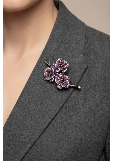 Sakura Siyah Rodyum Kaplama Gümüş Broş Siyah