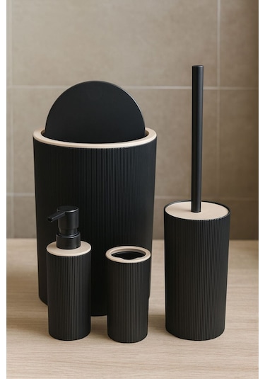 Quardi Banyo Seti Modern Çizgili - 7 Litre Kova 4 Parça Banyo Çöp Kovası Seti Siyah