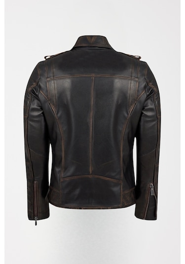 Derije Modric Hakiki Deri Erkek Vintage Eskitme Biker Motorcu Tarzı Mont