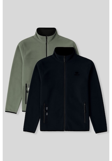 Standart Kalıp Dik Yaka 2li Paket Lacivert-çağla Erkek Polar Sweatshirt - 87992 Lacivert - Yeşil