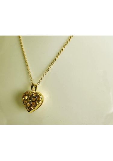 Uzel Çelik Sarı Gold Açılır Kapanır Taşlı Kalp Kolye Sarı