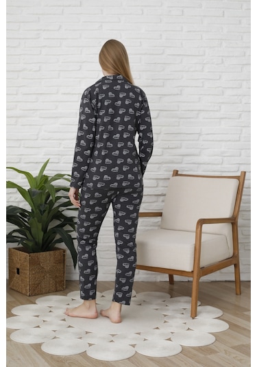 Fames Pijama Uzunkol Düğmeli Penye Pijama Takimi Kalpli Beyaz