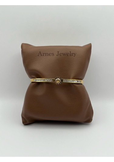 Arnes Jewelry Çelik Gold Zirkon Taşlı Kelepçe Bileklik Ar15 Gold