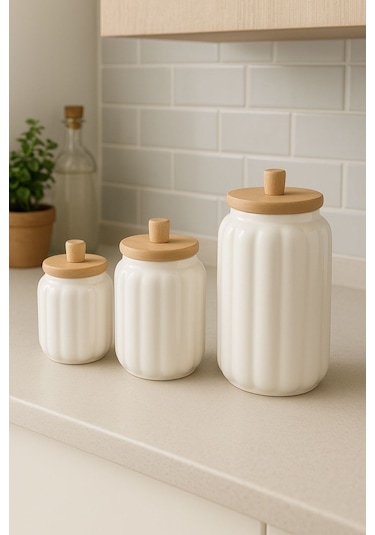 Qerhome Ahşap Kapaklı Seramik Bombeli 3 Boy Kavanoz Seti 500-750-1000 Ml Şeffaf