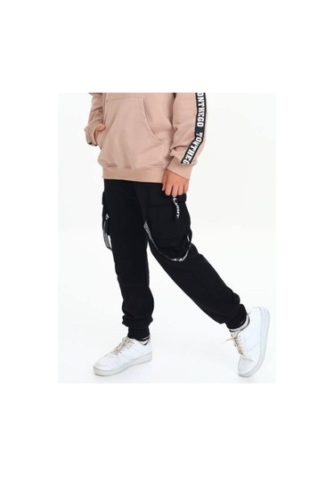 Erkek Çocuk Yumuşak Dokulu Kargo Cepli Eşofman Altı-14545 Siyah