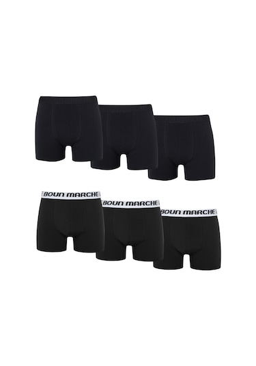 Boun Marche Erkek Boxer Likralı Premium 6'lı Kutu Tom Beyaz - Siyah Gömmeli