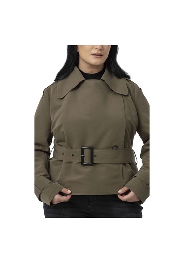 Büyük Beden Mono Yaka Kemerli Astarlı Kısa Haki Trençkot Haki