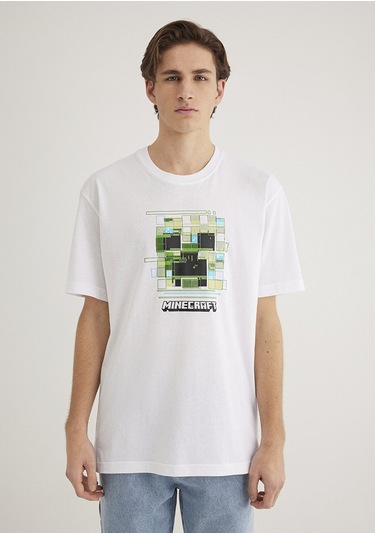 Mavi - Minecraft Baskılı Beyaz Tişört 0612734-620 Beyaz