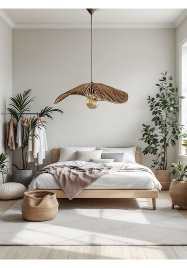 Hasır El Yapımı Bohem Asimetrik Şekilli Rustik Avize - Açık Kahverengi Açık Kahverengi