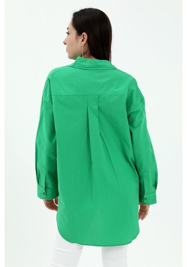Tek Cepli Kolları Katlı Oversize Kalın Keten Gömlek - Yeşil-yeşil Yeşil