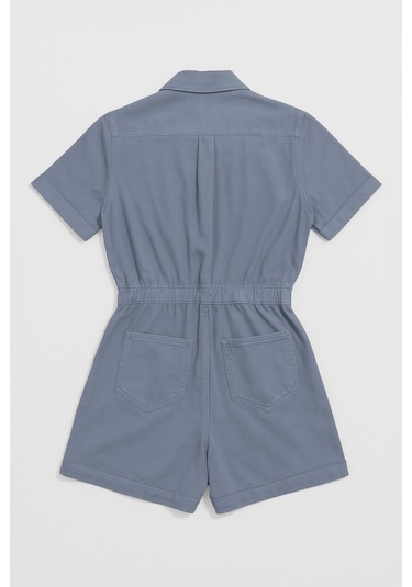 Kadın Kısa Kollu Fermuarlı Beli Lastikli Jean Tulum Şort mavi