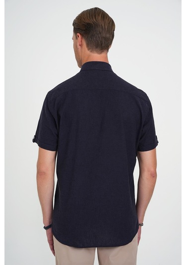 Comfort Fit Düğme Yaka Kısa Kol %100 Keten Düz Lacivert Gömlek G 1596 Lacivert