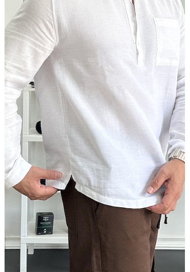 Erkek Hakim Yaka Yarım Patlı Cepli Gömlek Beyaz Edw361 Beyaz