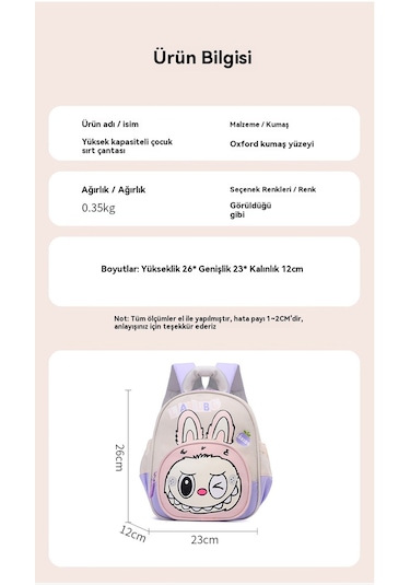 Labubu Sevimli Çizgi Film Eğlence Aydınlatma Işık İlkokul Öğrencisi Çocuk Kız Okul Çantası Mor