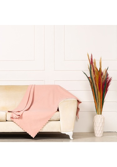 Soft Pembe Dokuma Kadife Şönil Düz Kumaş Çift Taraflı Koltuk Şalı