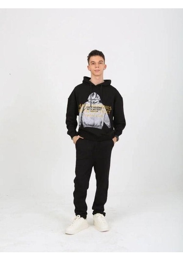 Erkek Çocuk Kapüşonlu Not Hoodies Yazılı Sweatshirt-15230 Siyah
