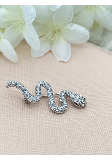 Kyver Yılan Model Full Zirkon Taşlı Broş Silver