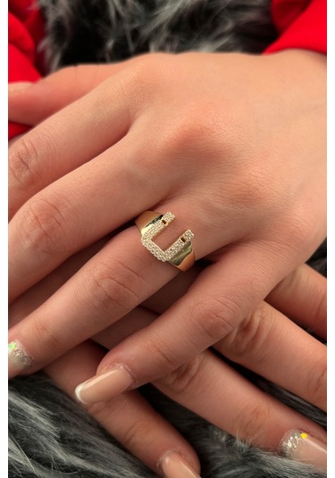 Fiyonk Kuyumculuk 14 Ayar Altın Taşlı Ü Harfli Yüzük 001