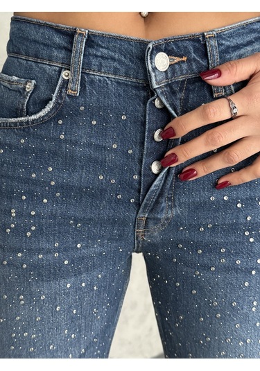 Kadın Taşlı Premium Mavi Kot Pantolon Mavi
