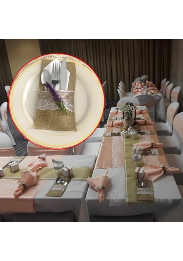 Suofeng Doğal Keten Dantelli 30'lu Çatal Kaşık Kılıfı - Düğün Ve Partiler İçin Şık Organizer Diğer