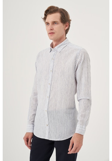 Morven Erkek Lacivert Keten Trend Dynamic Fit Britli Yaka Gömlek 25ys004022200 Lacivert Lacivert