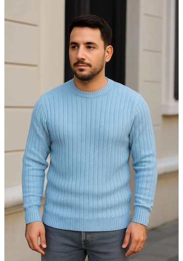 Erkek Bisiklet Yuvarlak Yaka Triko Kazak Pamuklu Kalın Fitilli Dokuma, Regular Fit Uzun Kollu Kışlık Bebe Mavisi