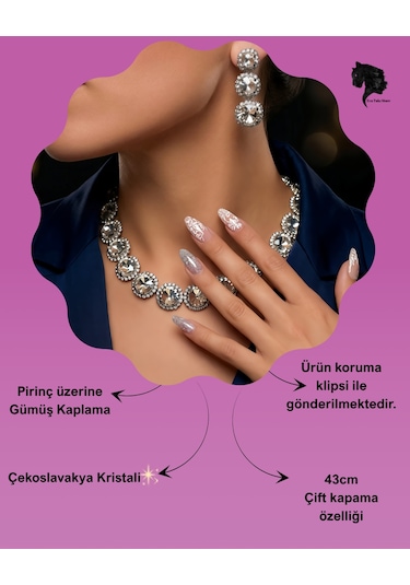 Riviere Kristal Taşlı Çiçek Model Şeffaf Renkli Kolye Küpe Set