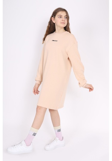 Kız Çocuk Baskılı Oversize Bisiklet Yaka Uzun Kollu Elbise - Bej