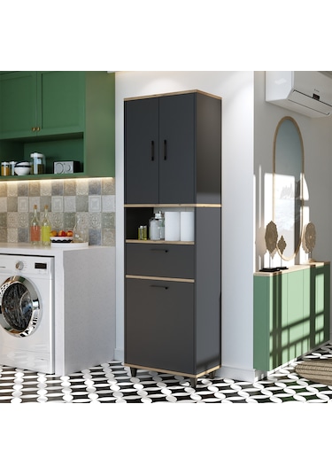 Çamaşır Sepetli Banyo Dolabı, Çok Amaçlı Dolap 60 X 200 Antrasit- Atlantik Çam