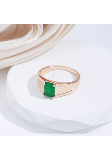 Kinel Kare Koyu Yeşil Opal Zirkon Kadın Yüzük 8 Rose Gold