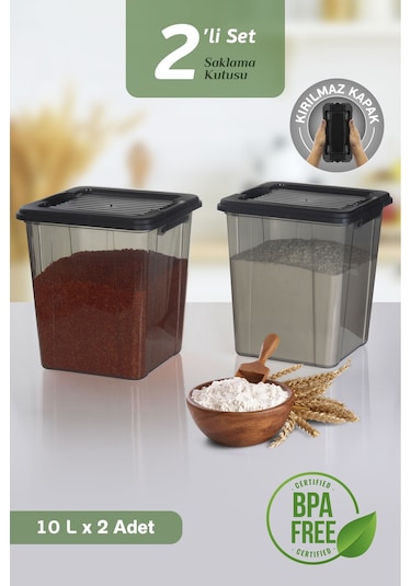 2'li Mega Organizer Box 10l - Un Bakliyat Erzak Saklama Kabı Kilit Kapaklı Deterjan Düzenleyici Kutu Siyah