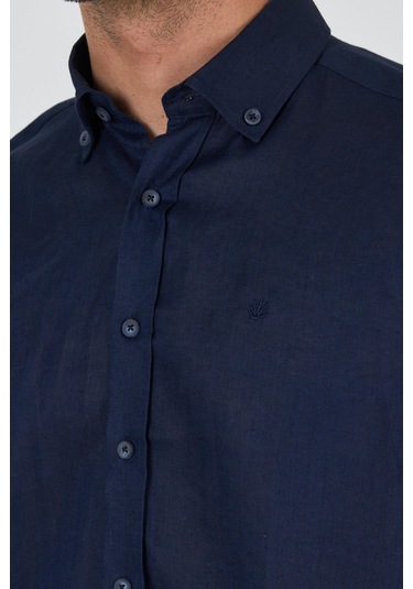 Uzun Kol Düz Keten Düğmeli Yaka Cepsiz Casual Comfort Fit Gömlek 1004250114 Koyu Lacivert