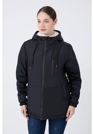 Kadın Kürklü Su Ve Rüzgar Geçirmez Kapüşonlu Kışlık Mont & Kaban & Parka Siyah