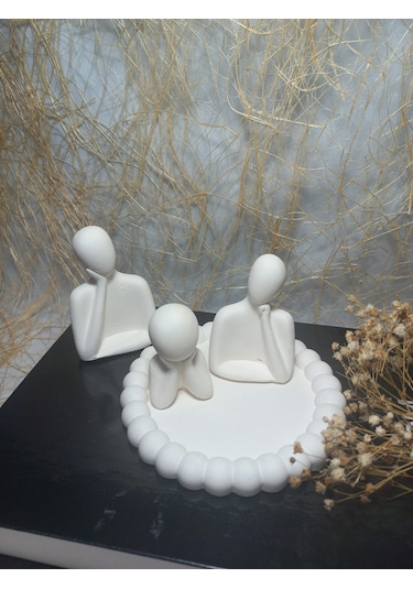 Bubble Yuvarlak Tabakta 3'lü Aile Set Dekoratif Biblo Beyaz