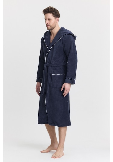 Mulberry Triga Erkek Bornoz %100 Pamuk Kapüşonlu Lacivert