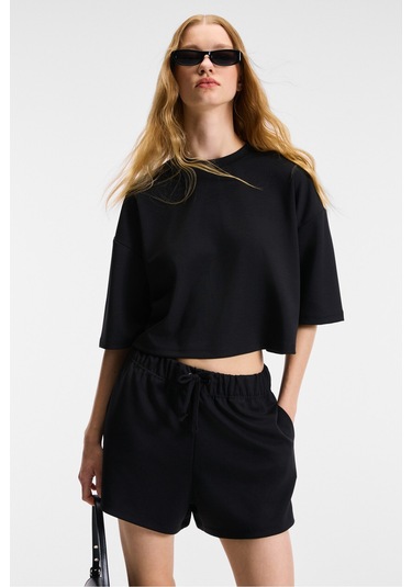 VELA Kadın Esnek Kumaşlı Bisiklet Yaka Oversize Fit Siyah T-Shirt