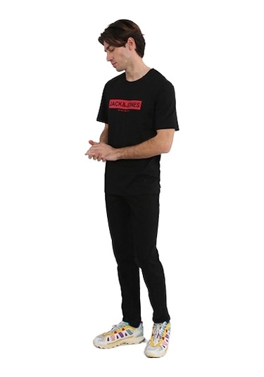 Jack & Jones Pin 12249605 Logo Baskılı Erkek Tişört Siyah