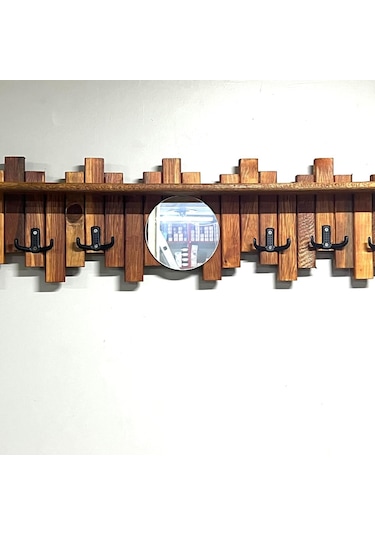 Ahşap Duvar Ve Kapı Askısı Pormanto Askı Elbise Çanta Askısı Aynalı Model 6 Askılı Raflı Meşe