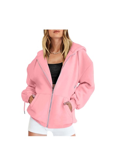 Siyah Kadın Sevimli Kapüşonlular Genç Kız Sonbahar Ceket Büyük Boy Tişörtü Cepli Günlük İpli Fermuarlı Kapüşonlu Üst Siyah