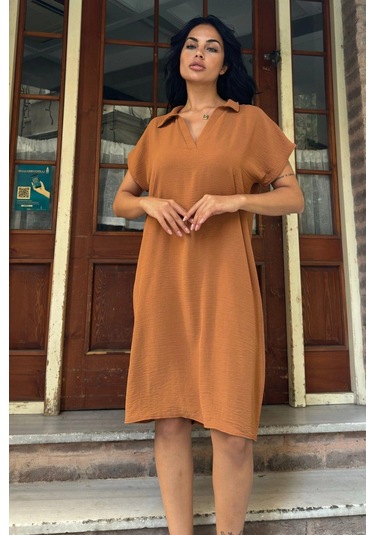 Taba Desenli Polo Yaka Rahat Midi Airobin Elbise Taba