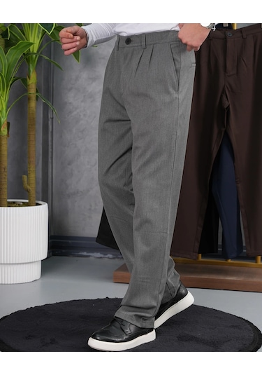 Modefendi Baggy Kesim Pile Detaylı Kumaş Pantolon Gri