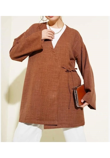 Lovie Moda Kadın Yan Bağcıklı Kimono Kahverengi