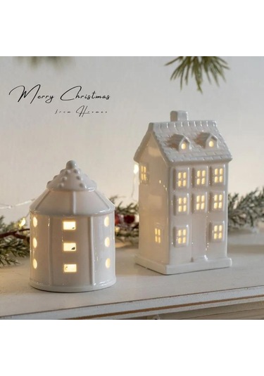 Neevoyu Keramik Led Ev Figürü, Yumuşak Işık Noçturnu, Dekoratif Ev Tatlısı, Hediyelik Ithalatlı Ürün Beyaz